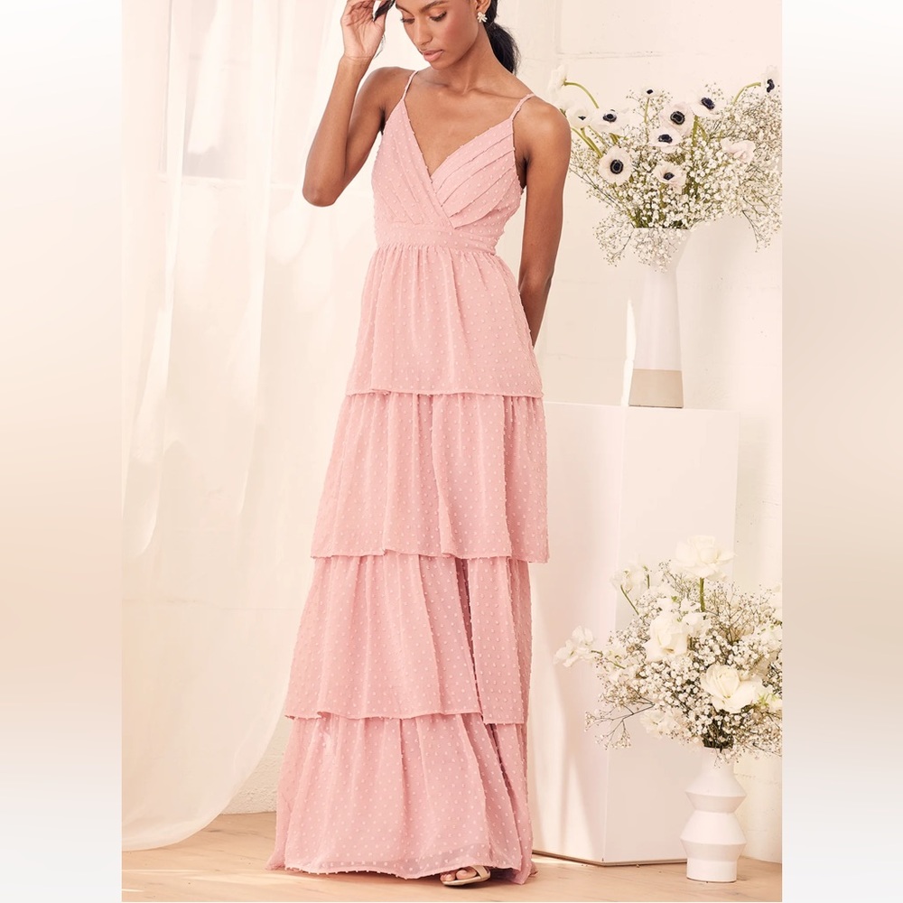 Lulu’s Love Stays True Rose Swiss Dot Tiered Maxi Dress